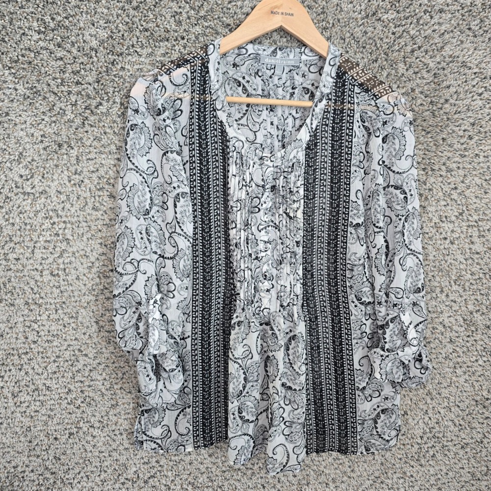 Daniel Rainn Top Womens‎ Large Black Sheer Printed Blouse Popover Pintuck Casual